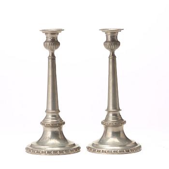 A pair of Gustavian pewter candlesticks by M Moberg 1786.