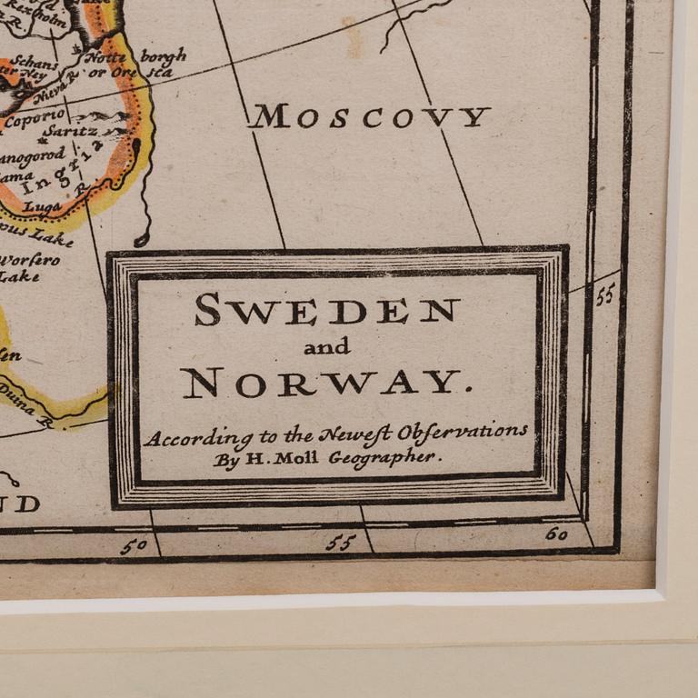 HERMAN MOLL, map, copper engraving,  'Sweden anf Norway, London 1707.'.