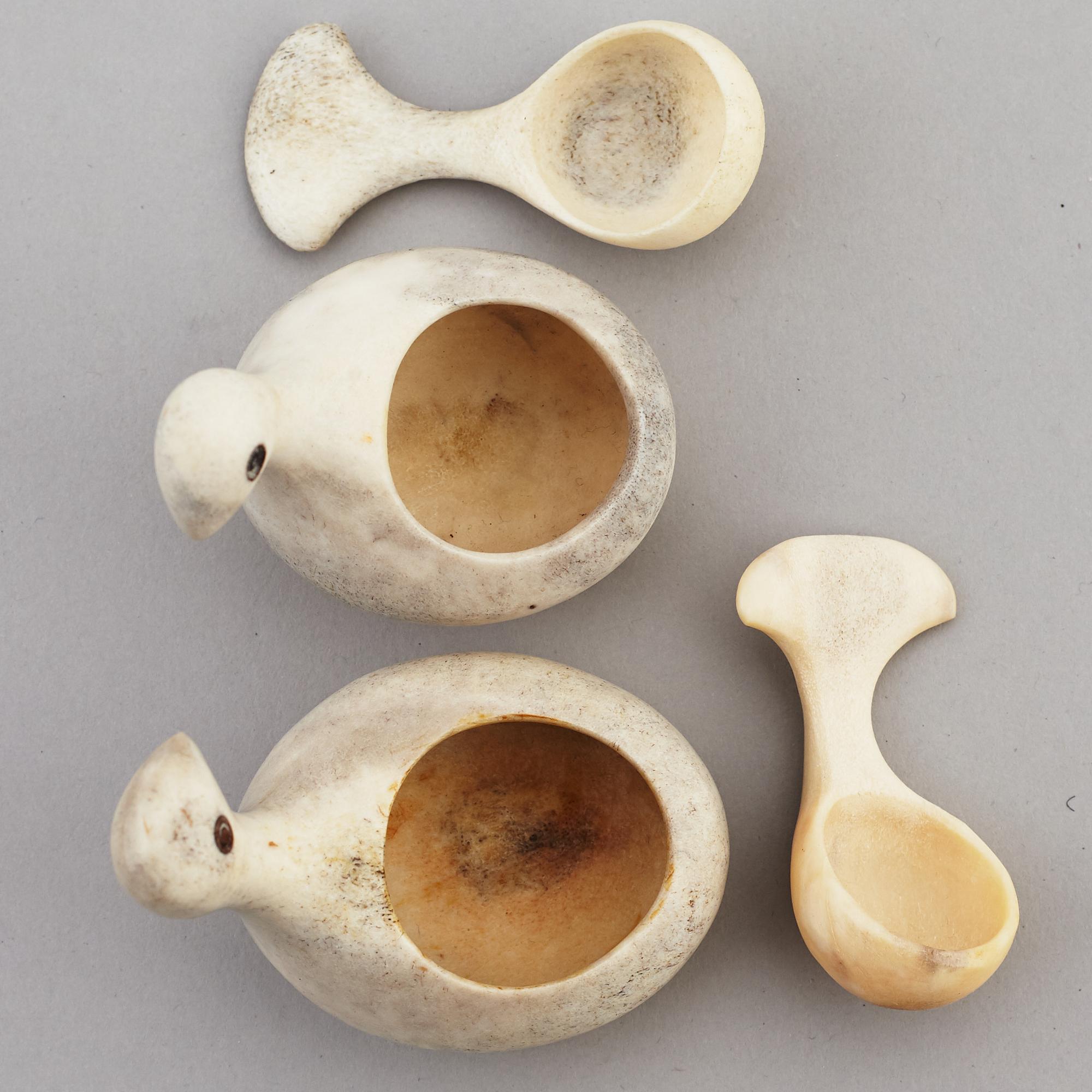 LARS PIRAK, two reindeer horn grouse salt cellars, signed.