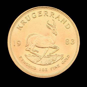 GULDMYNT, finguld, Krugerrand, Sydafrika, 1983. Vikt ca 34 g.