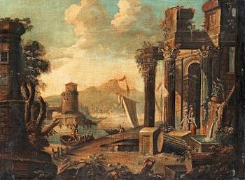 Johann Oswald Harms Follower of, Capriccio ruins by a port.