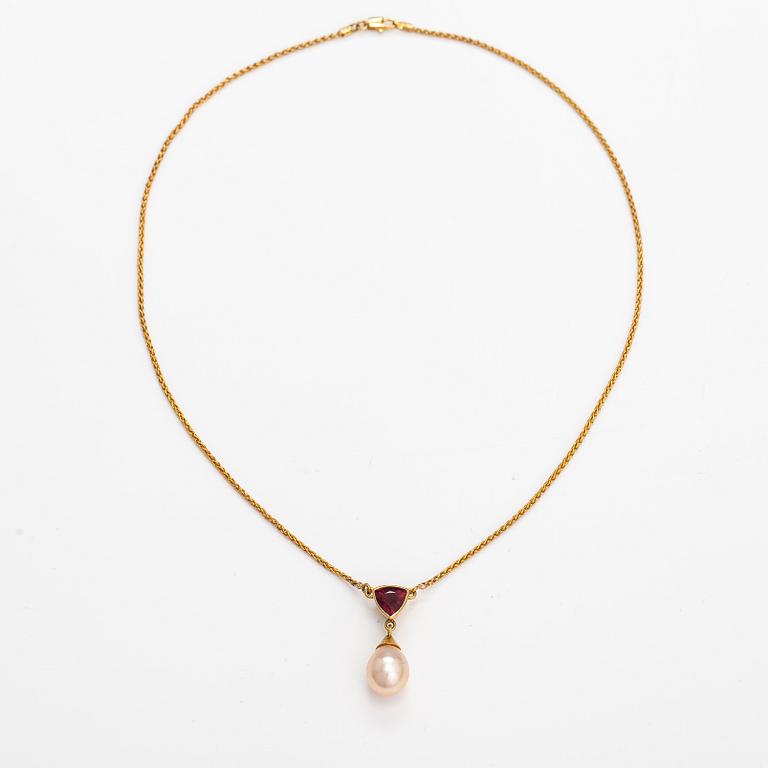 Halsband, 14K guld, turmalin och odlad pärla.
