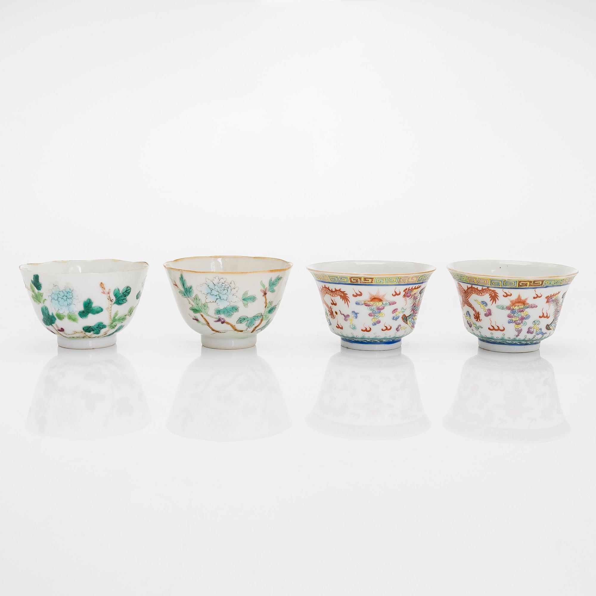 Kulhoja, 7 kpl, joista kolme kannella sekä pieni famille rose ruukku, mm. Guangxun merkki, Kiina, noin vuodelta 1900.