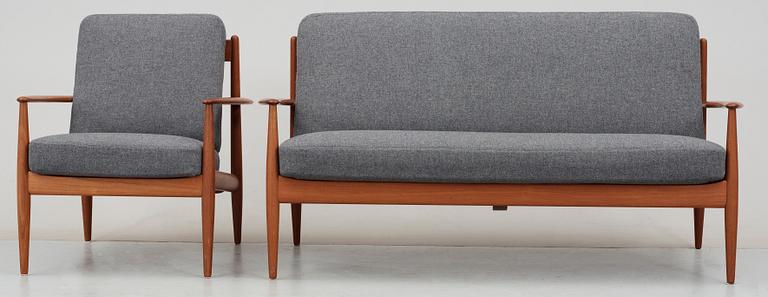 A Grete Jalk sofa and easy chair by France & Son, Denmark.