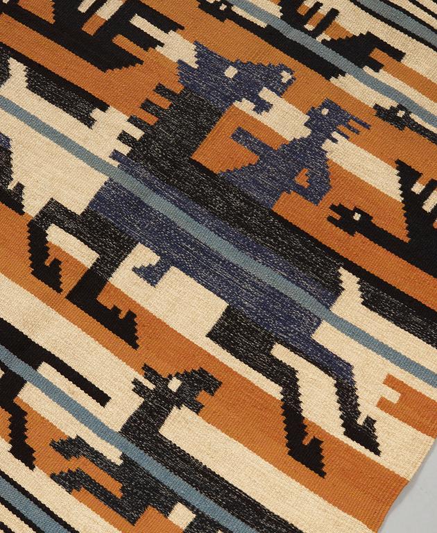 Märta Måås-Fjetterström, A TAPESTRY. "Odins jakt"/"Odens jakt"/"Odens jagt". Flat weave. 120,5 x 213  cm. Designed by Märta Måås-Fjetterström.