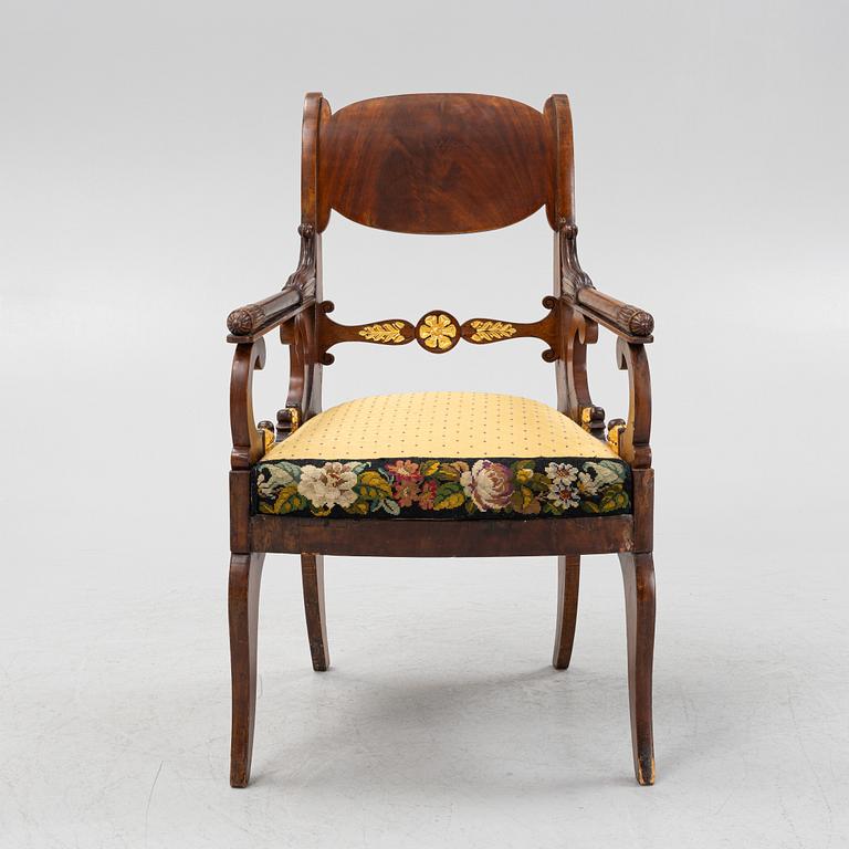A Russian/Baltic Empire mahogany armchair, first part of the 19th century.