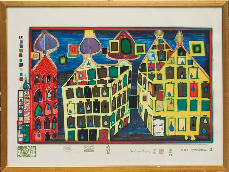 FRIEDENSREICH HUNDERTWASSER, Färgseriegrafi. "It Hurts to Wait With Love if Love Is Somewhere Else", nr 00361/3000.