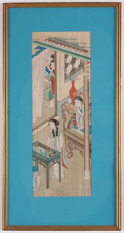 A group of seven Chinese paintings on silk by anonymous artist, Qing dynasty, 19th century.