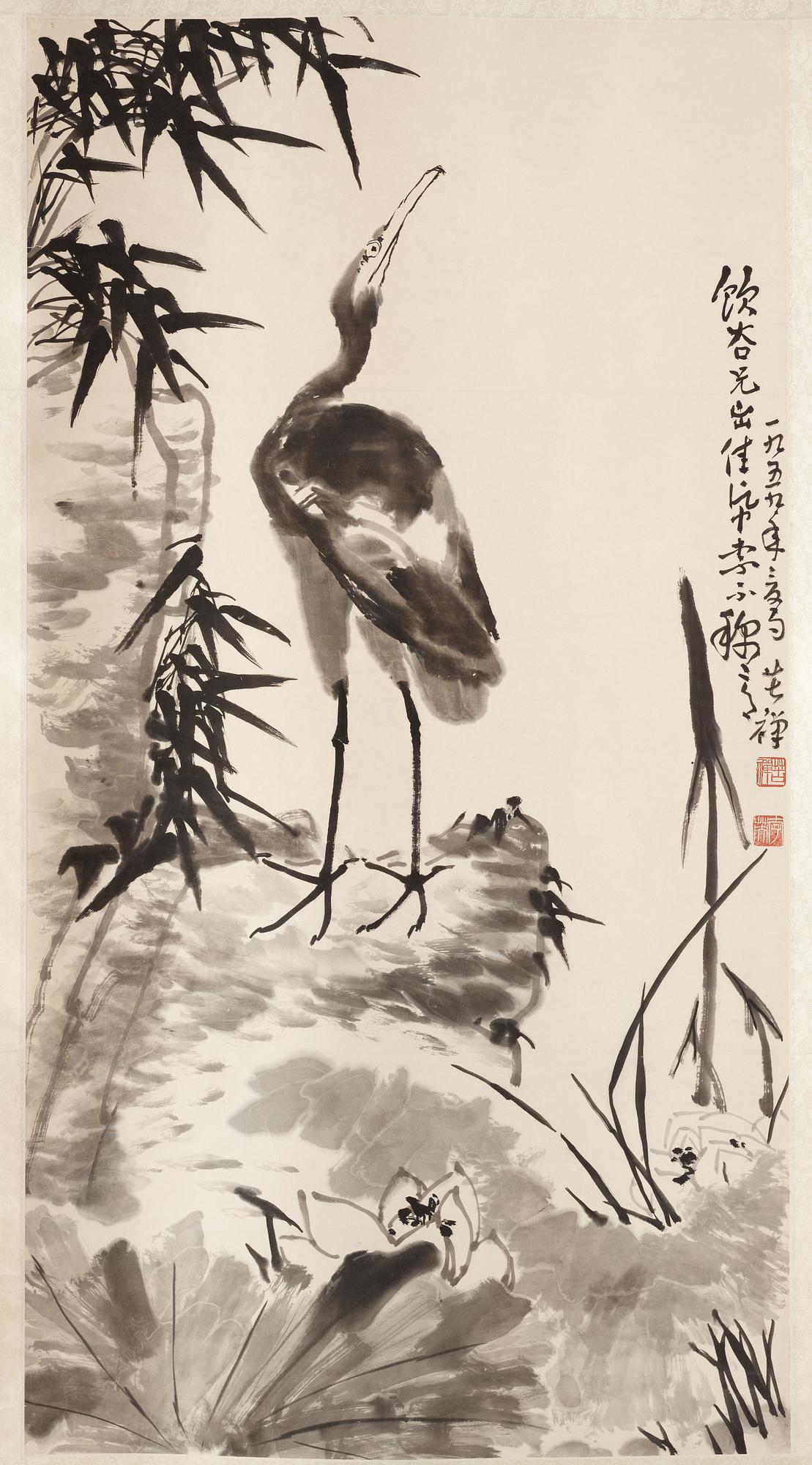 Li Kuchan, "Crane, Cliff, Bamboo and Lotus", a fine hanging scroll, signed and dated 1959.