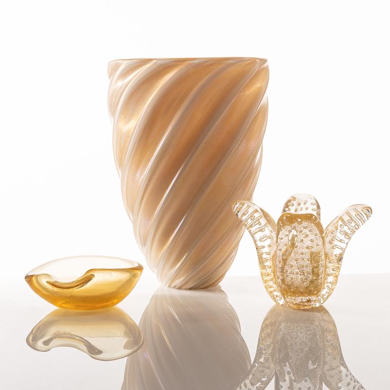 Two glass vases and a glass bowl, possibly Murano, Italy,