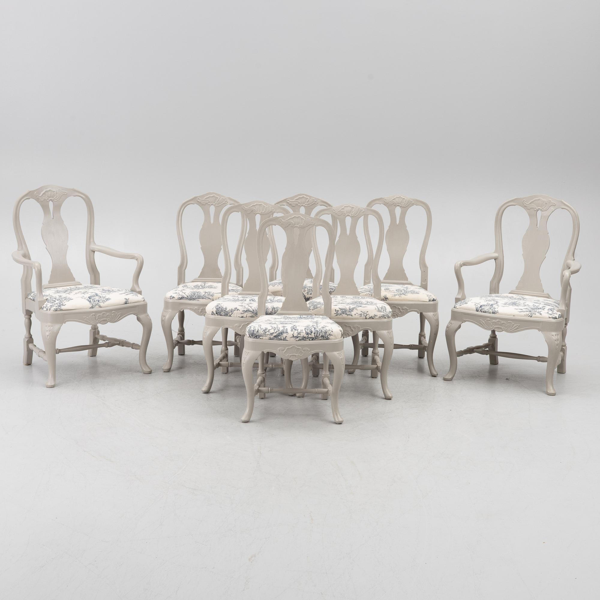 Dining table, 2 armchairs, 6 chairs, Rococo style, 20th century.