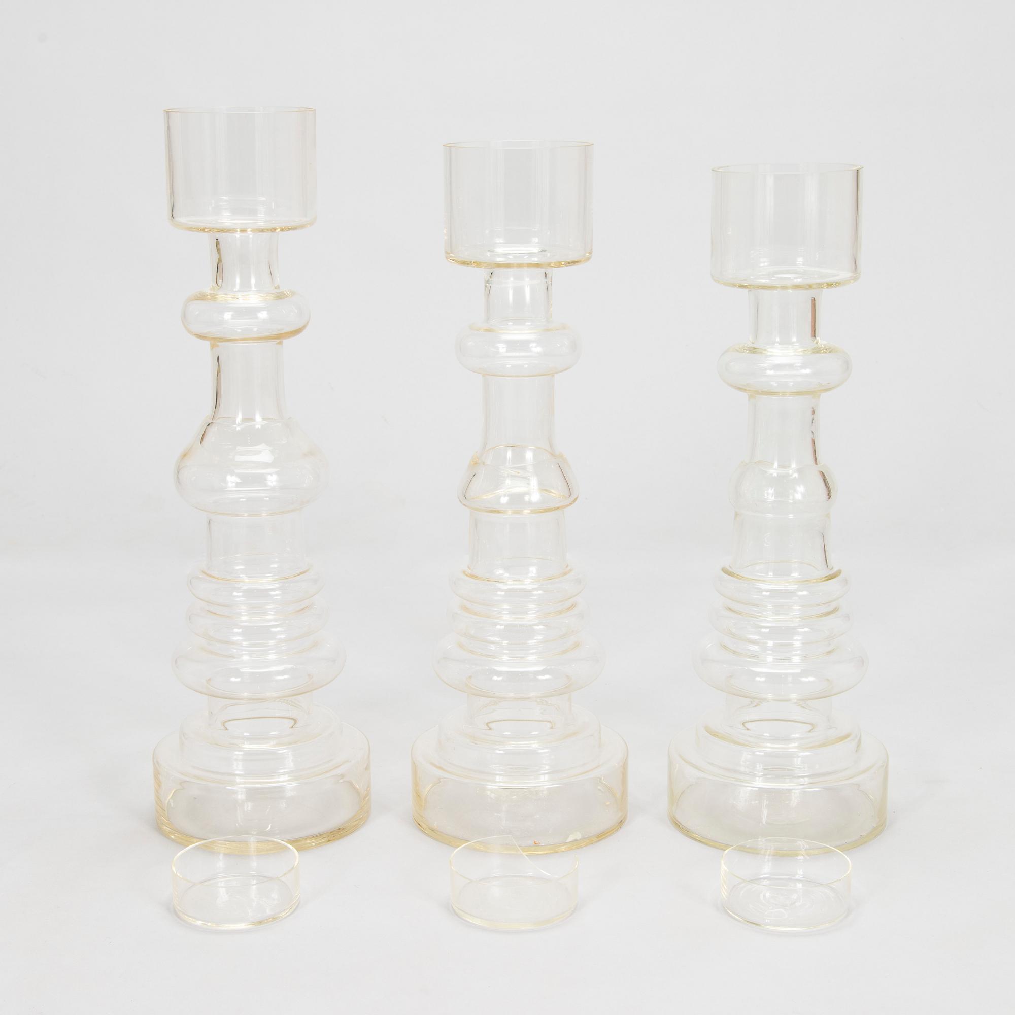 Oiva Toikka, Three 'Lighthouse' glass candle holders / vases, two signed Notsjö Nuutajärvi.