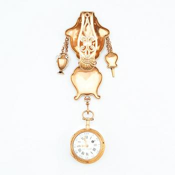 Chatelaine med fickur, 18K guld , emalj och stenar, Paris efter 1838, Louis XVI-stil.