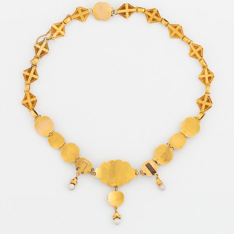 An 18K gold and enamel necklace set with pearls and half pearls.