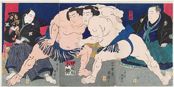 UTAGAWA KUNITERU (1830-1875), triptyk, färgträstnitt. Japan, 1870. 'Koyanagi vs Ayasegawa".