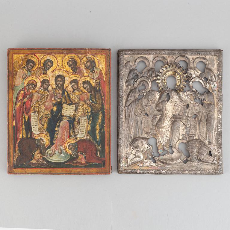 A Russian icon, tempera on panel with parcel-gilt and silver oklad, assaye mark Alexander Jashinov, St Petersburg, 1807.