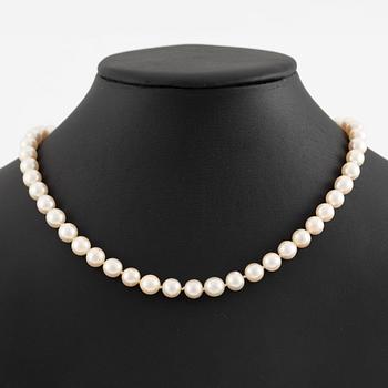 Necklace of cultured pearls, clasp in 18K gold set with eight-cut diamond and dividers with round brilliant-cut diamonds.