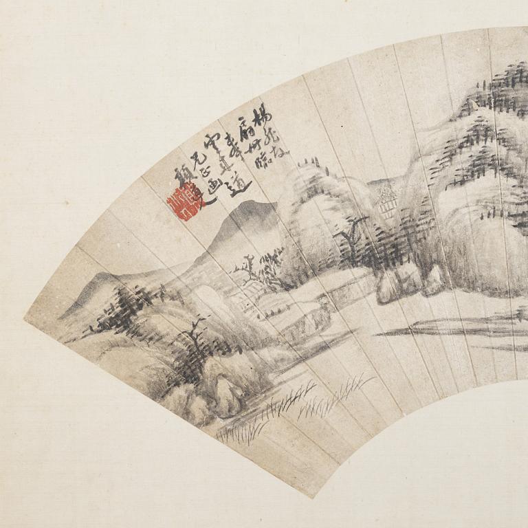 Oidentifierad konstnär, s.k. "Solfjädersmålning", Bergigt flodlandskap, Kina, 1900-tal.