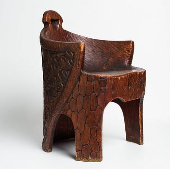 Gustaf Fjaestad, a pair of Art Nouveau carved pine chairs "stabbestolar", Arvika Sweden 1908-1909.