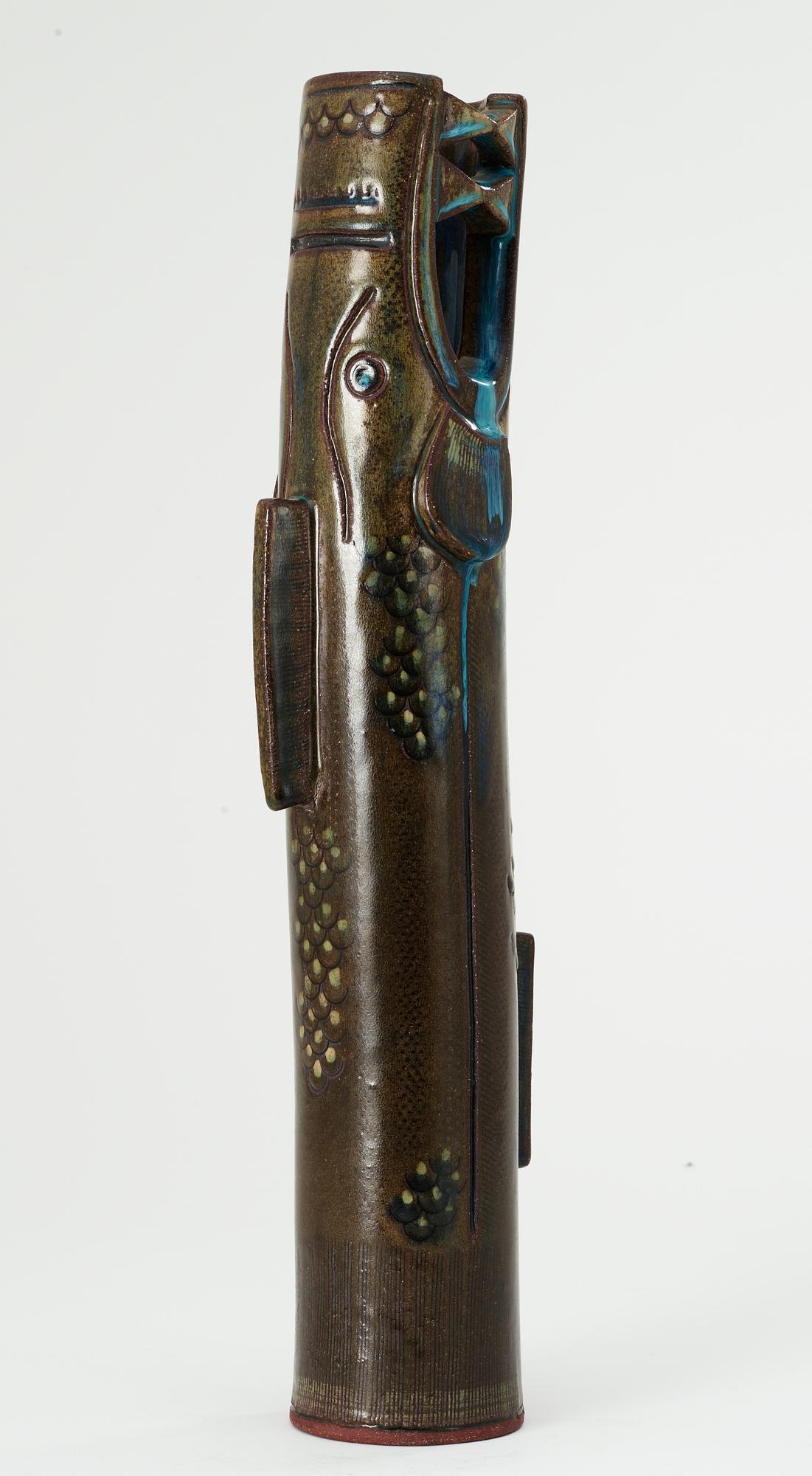 A Wilhelm Kåge 'Farsta' stoneware vase in the shape of a 'dragon fish', Gustavsberg studio 1955.