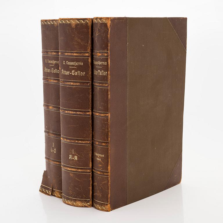 Kirjateos, 3 nidettä, Sukutaulut "Suomen Ritarihuoneeseen otetusta aatelistosta" I-II lisäosa 1879-1883.