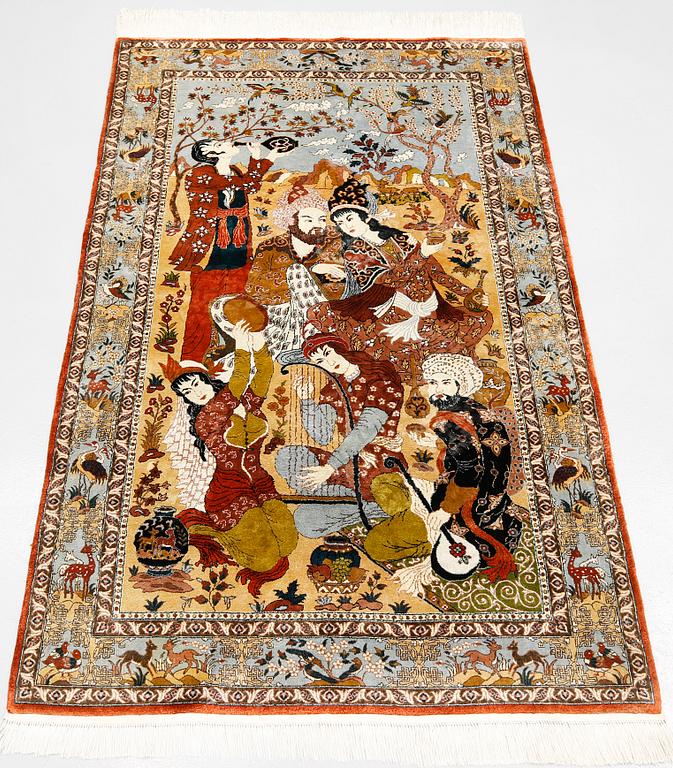 A pictorial oriental silk rug, ca 156 x 93 cm.