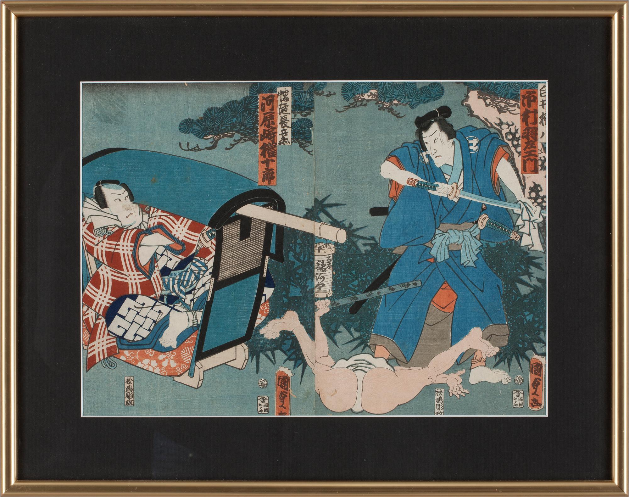 UTAGAWA KUNISADA, träsnitt, diptyk, Japan, 1800-tal.