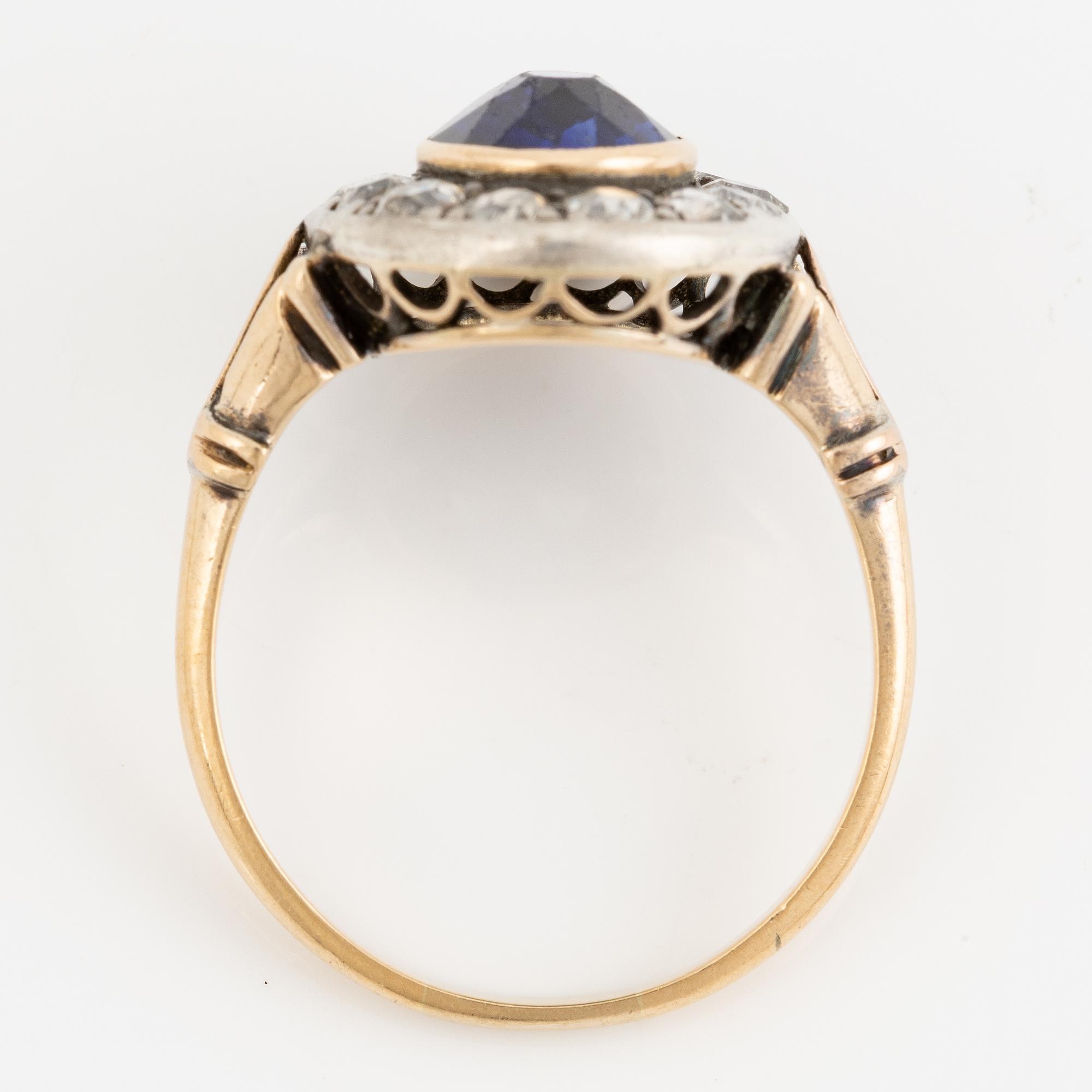 Ring, cameo model 14K gold with sapphire and old-cut diamonds.