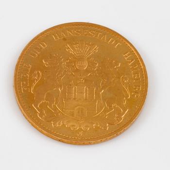 GULDMYNT, 20 mark, Tyskland, 1905, vikt 8 g.