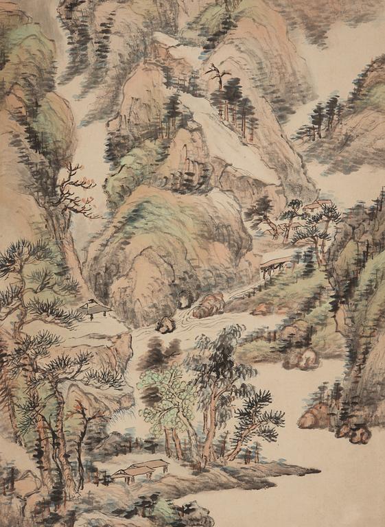 A hanging scroll of a mountain and river landscape, by Ni Tian (1855-1919), signed and dated (1909).