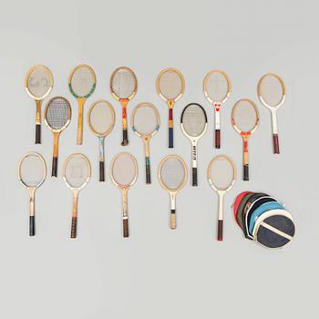 a set of 16 tennis rackers, mostly 1970's.