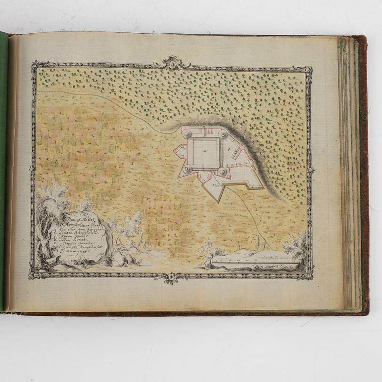 Album från 1746 med 22 akvareller över fästningar, gåva av Gabriel Cronstedt till tronföljaren Adolf Fredrik.