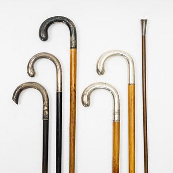 A group of six silver and wood walking canes, including MGAB, Uppsala, 1960.