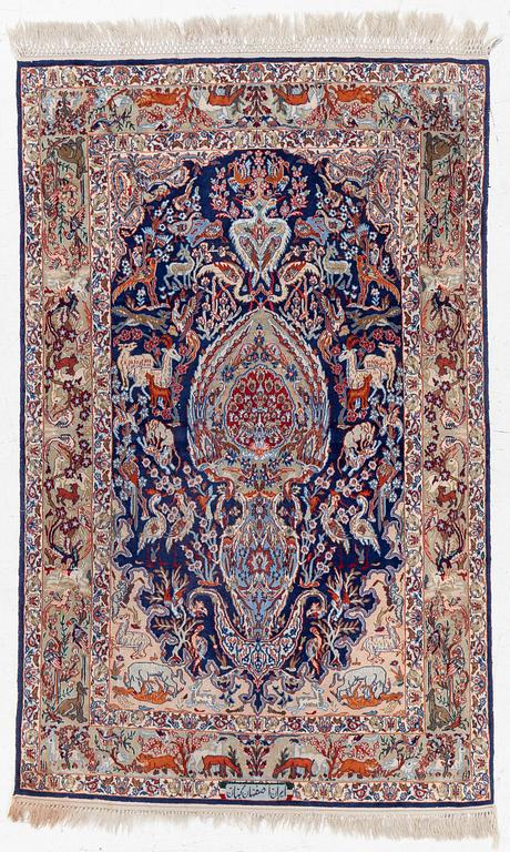 An oriental, figural, signed rug, c. 162 x 104 cm.