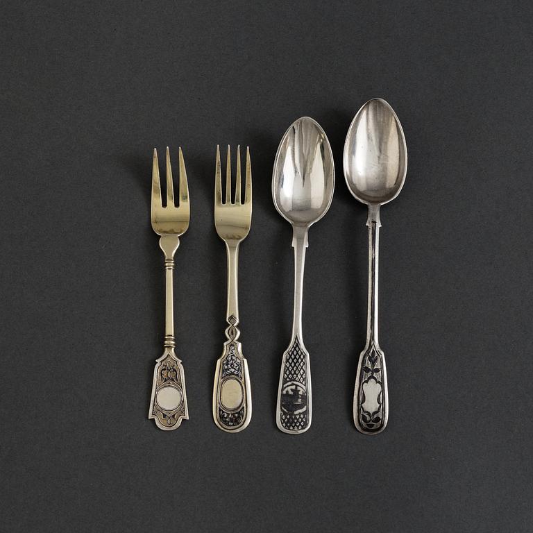 Two russian 19 th century silver forks and two spoons. 70 gram.
