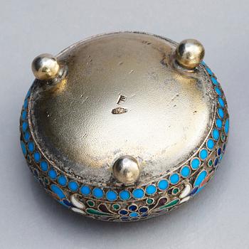 Two Russian spice/salt-cellars, parcel-gilt silver and enamel, mark of Ivan Saltykov and Ivan Sergeyevich Lebedkin.