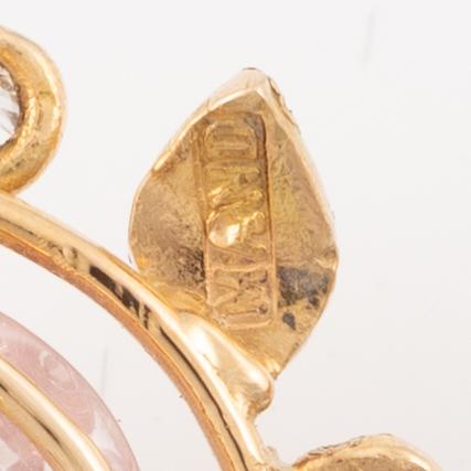 Earrings, Mandelstam, 18K gold with carved rose quartz, pink tourmalines, and brilliant-cut diamonds.