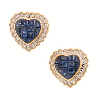 A pair of 18K gold earrings set with round brilliant-cut diamonds and square-cut sapphires.