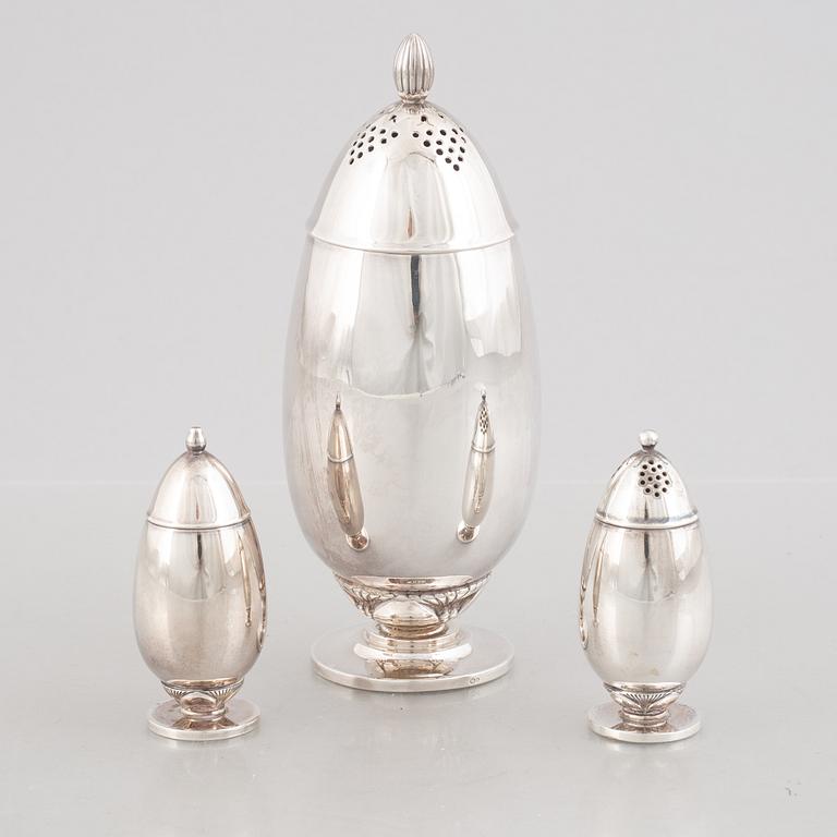 Gundorph Albertus, three sterling silver "Cactus" salt, pepper and sugar shakers, Georg Jensen, Denmark, 1933-44.