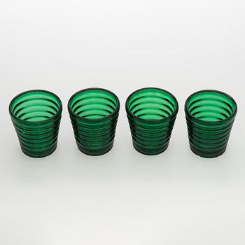 Aino Aalto, drinking glasses, 4 pcs, model 4052, and plate 'Bölgeblick', Karhula Glassworks, 1930s.