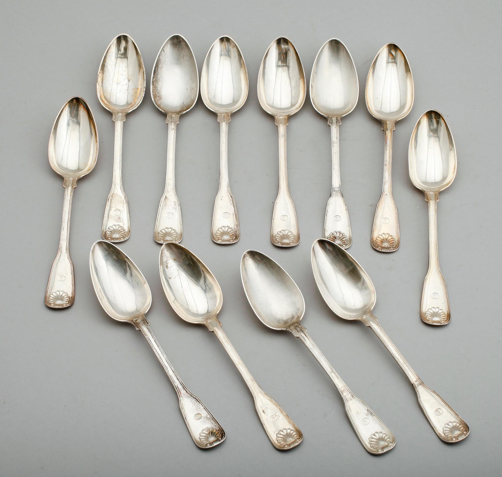 MATSKEDAR, 12 st, silver, Gustaf Adolf Cedergren, Stockholm 1853. Vikt ca 1025 g.