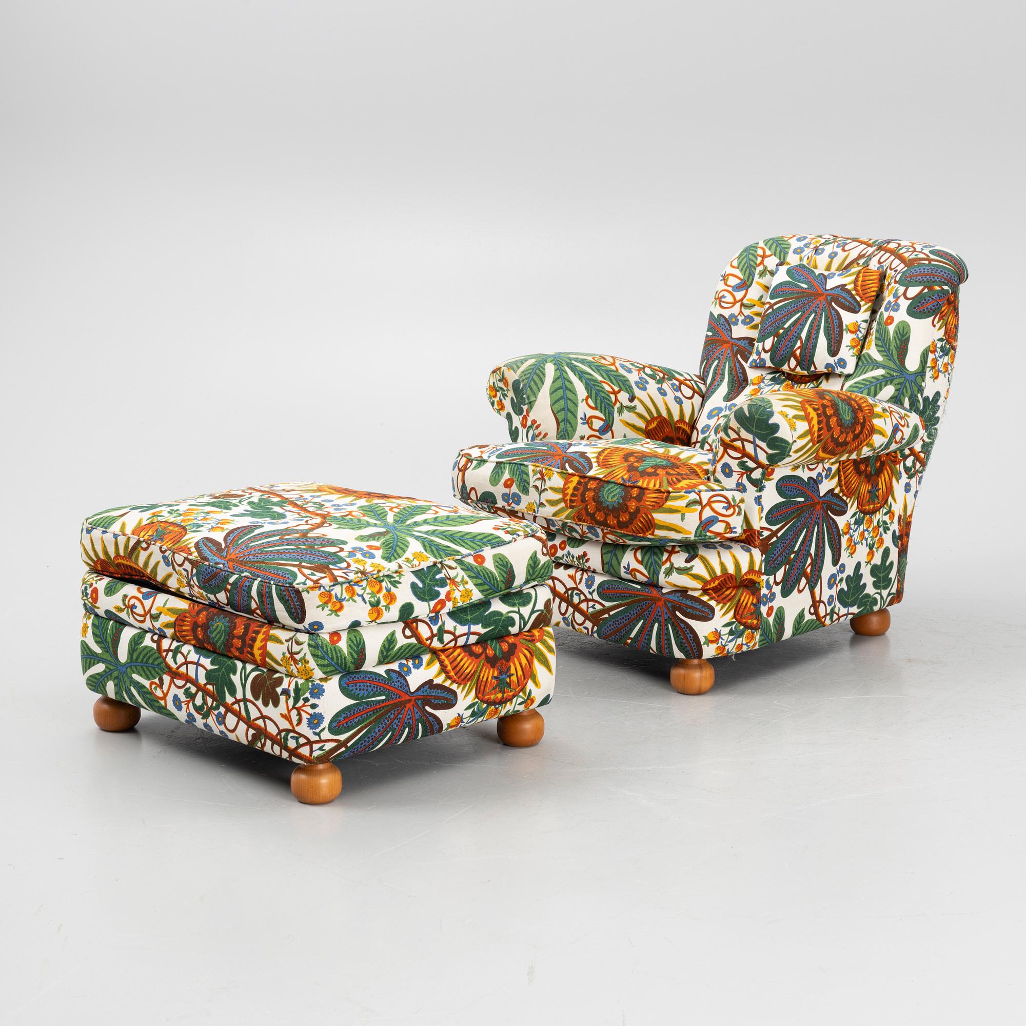 Josef Frank, fåtölj med fotpall, modell 336, Firma Svenskt Tenn.