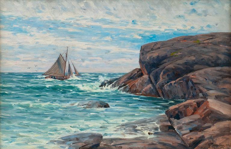 Woldemar Toppelius, A SAILBOAT BY THE SHORE.