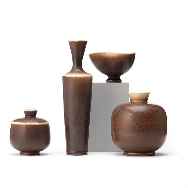 Berndt Friberg, a set of three stoneware vases and a bowl, Gustavsberg studio 1970-75.