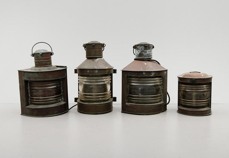LANTERNOR, 4 st, koppar och glas, tidigt 1900-tal.