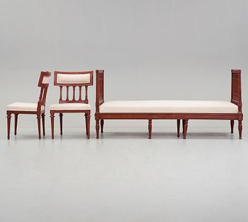 A pair of chairs and a sofa by Ephraim Ståhl (master in Stockholm 1794-1820), late Gustavian ca 1800.