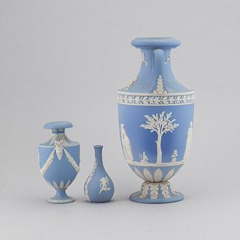 A group of three 'jasperware' vases, Wedgwood, second half of the 19th century.