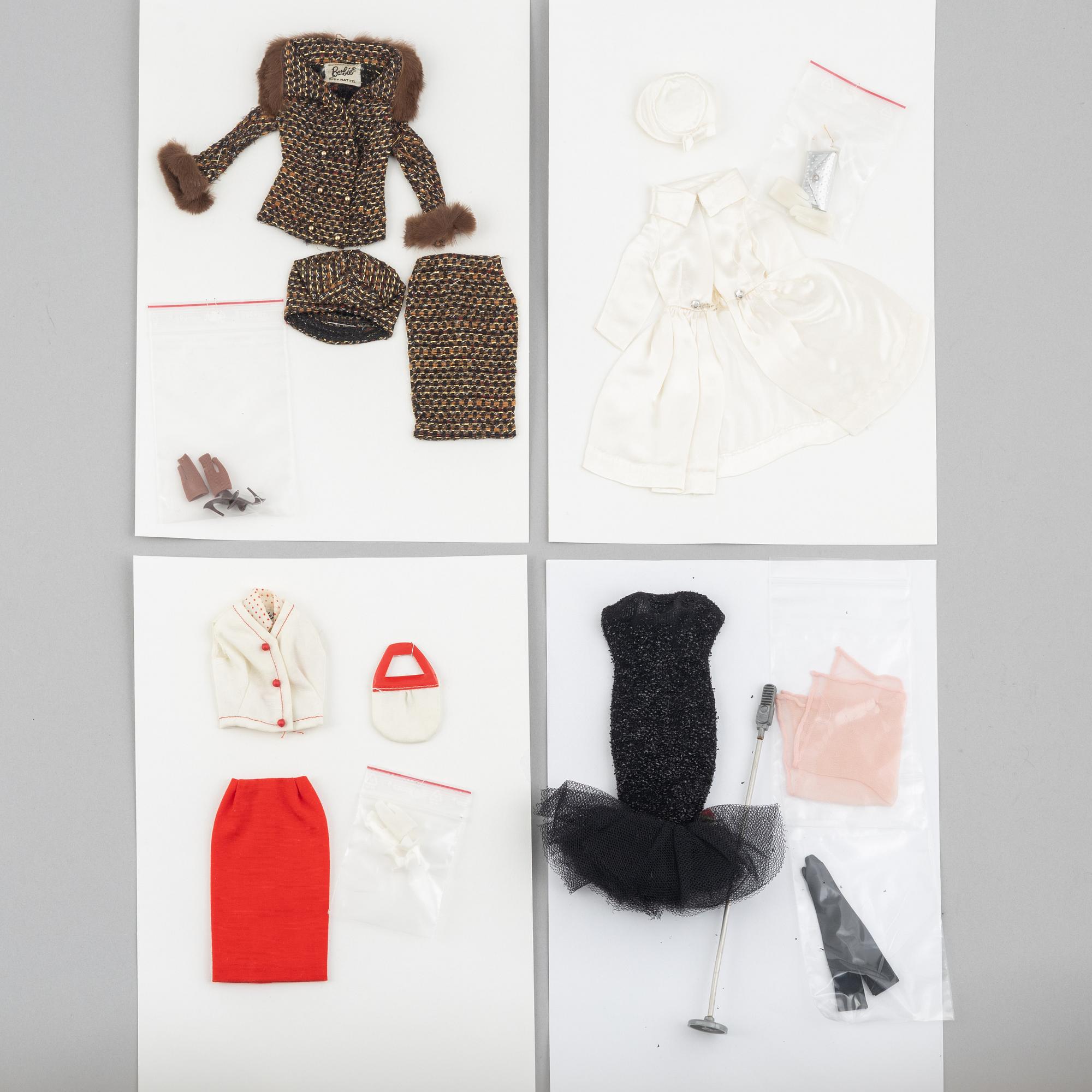 Clothing sets, Barbie, 4 pcs, including "Barbie White Magic 1607" & "Barbie Saturday Matinee 1615", Mattel, 1960s.