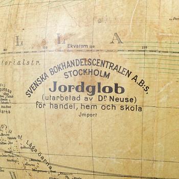 A globe, Svenska Bokhandelscentralen A.B:s Jordglob, Stockholm, first half of the 20th Century.