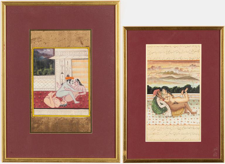 Unidentified artist, Erotic scenes in interior and landscape, India, 20th century. Two pieces.